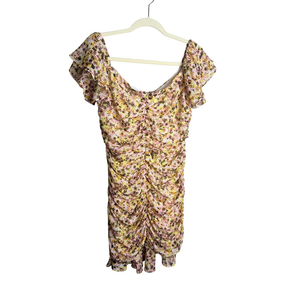ASTR The Label Floral Ruched Mini Dress Yellow Pink Ruffle Sleeve Size M - Picture 5 of 7